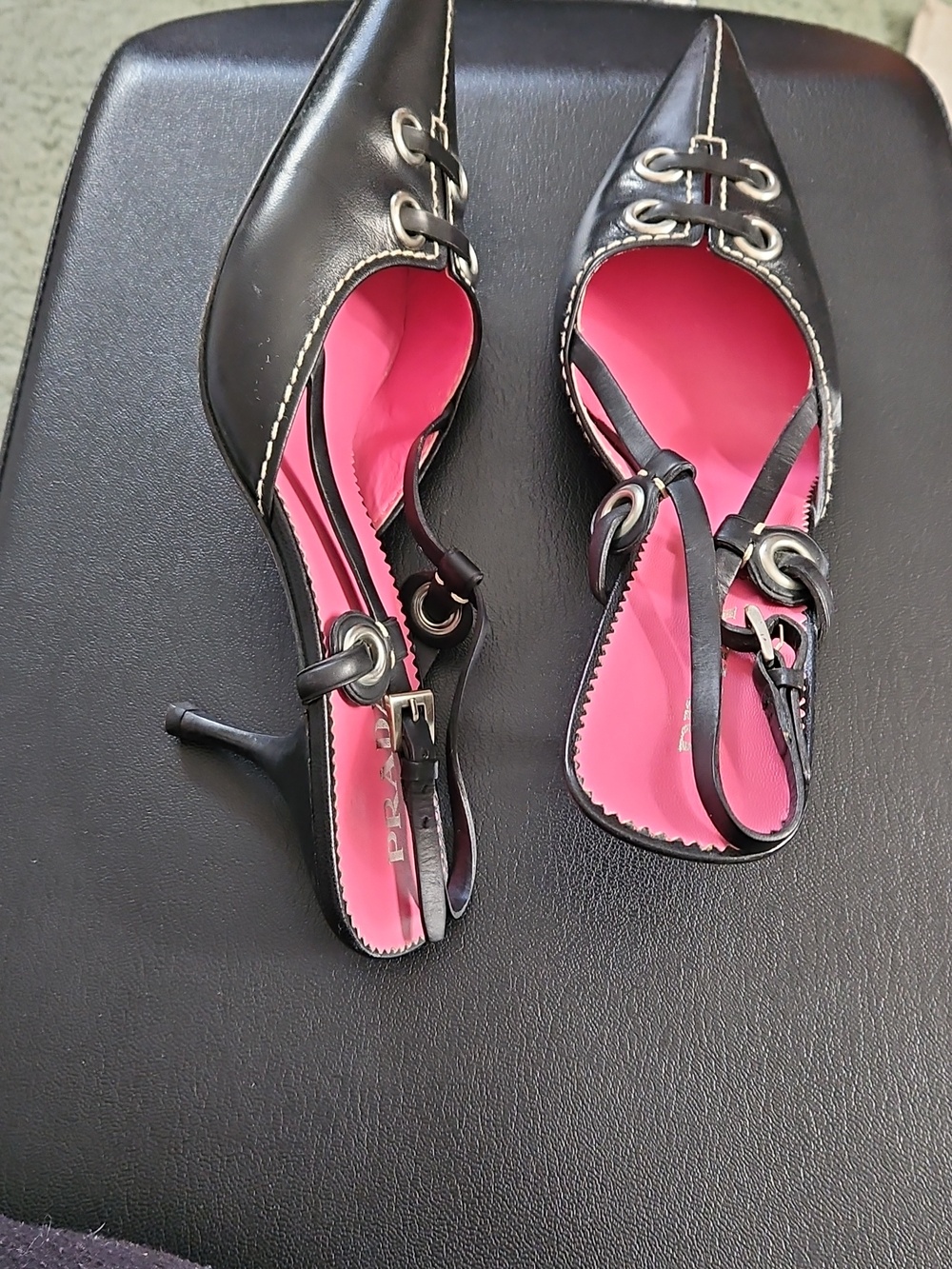 Prada Black Pointed Slingback Flats with Pink Insole - Picture 2 of 4